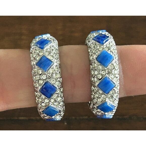 Vintage Clip On Screw Back Earrings Hoops Pave Rhinestone Blue Lapis KJL? - Picture 1 of 6